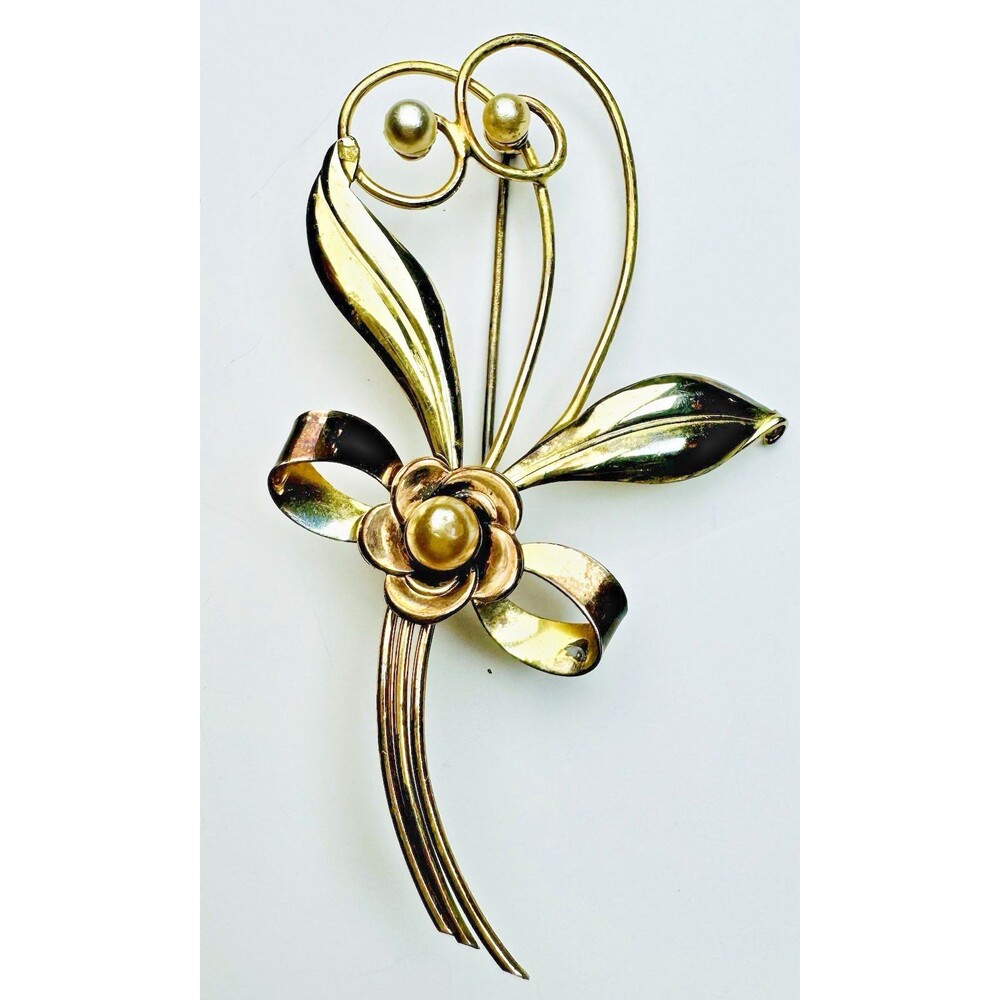 Henry Iskin Brooch 10k Gold Filled Vintage  Faux Pearls 3” x 2” MCM Mid Century